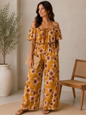 Shore Floral Off-Shoulder Wide-Leg Jumpsuit - Mustard size XS